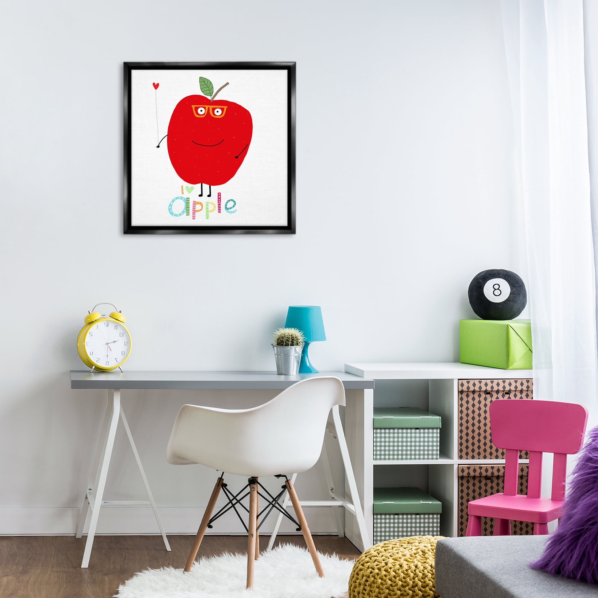 Stupell Industries Fun Smiling Apple Food & Beverage Painting Black Floater Framed Canvas Art Print Wall Art, 25 x 25