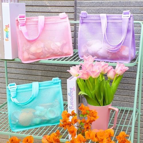 Beach Toy Mesh Beach Bag Sand Toy Seashell Bag for Holding Shells Pool Bag with Zipper Swimming Accessories for Kids Boys and Girls(Only Bags,A Set of 3)