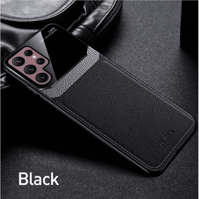 ROBINSON Leather case back cover Protective Cover Phone Case Glass Back Shell For Samsung Galaxy S22 Ultra (Black)