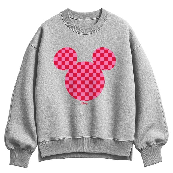 Disney - Pink Checkerboard Mickey Ears Women's Oversized Fleece Crew Sweatshirt