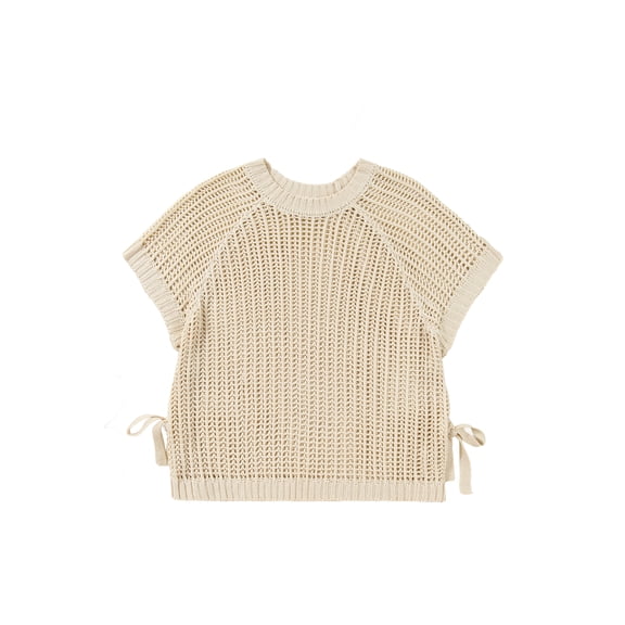 Women's Apricot Plus Size Open Knit Bow Tie Short Sleeve Sweater for Casual Summer Days, 4X