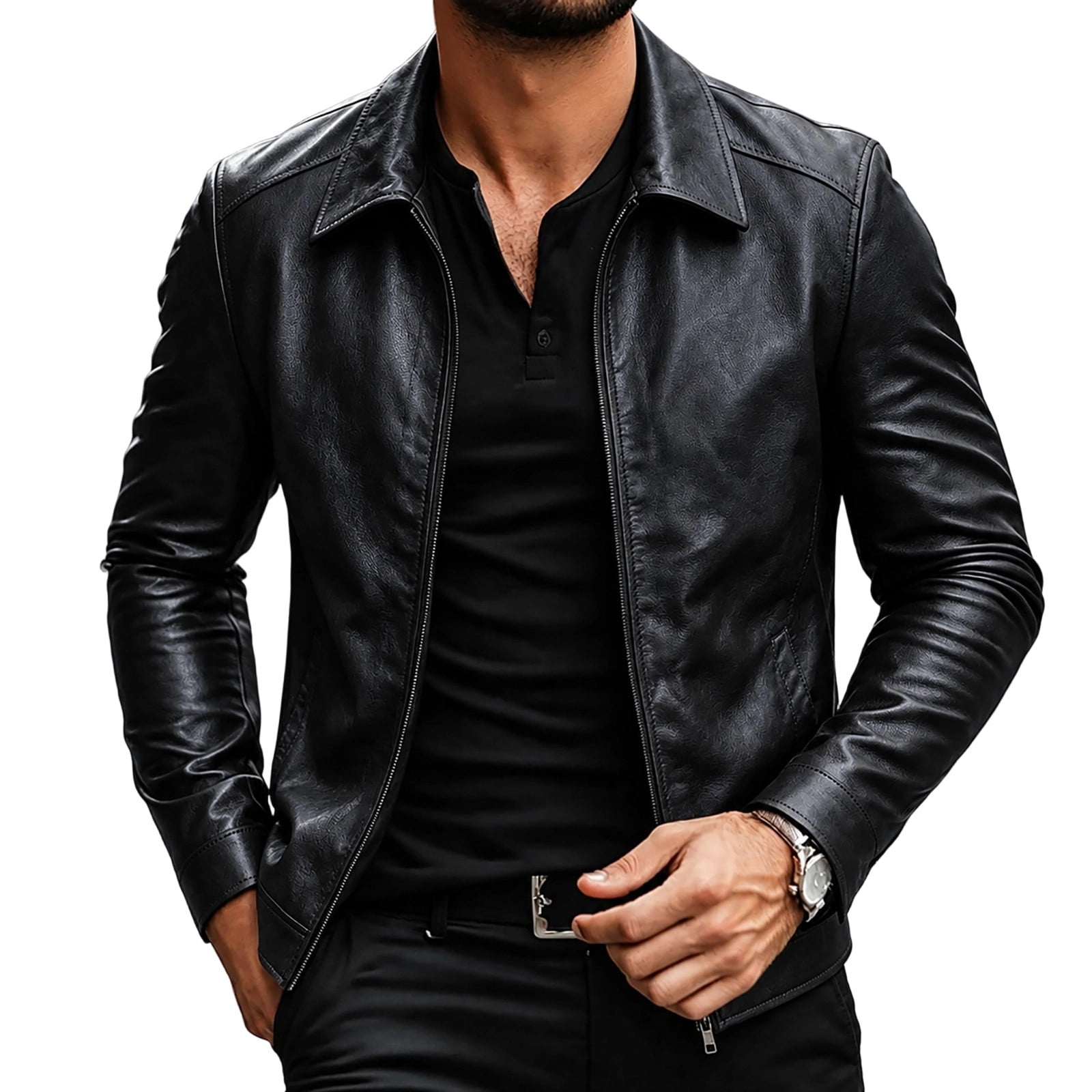Kukoosong Men s Point Collar Full Zip PU Leather Jacket Solid Long Sleeve Casual Biker Coat with Pockets Fall Winter Vintage Slim Fit Outerwear for Daily Wear