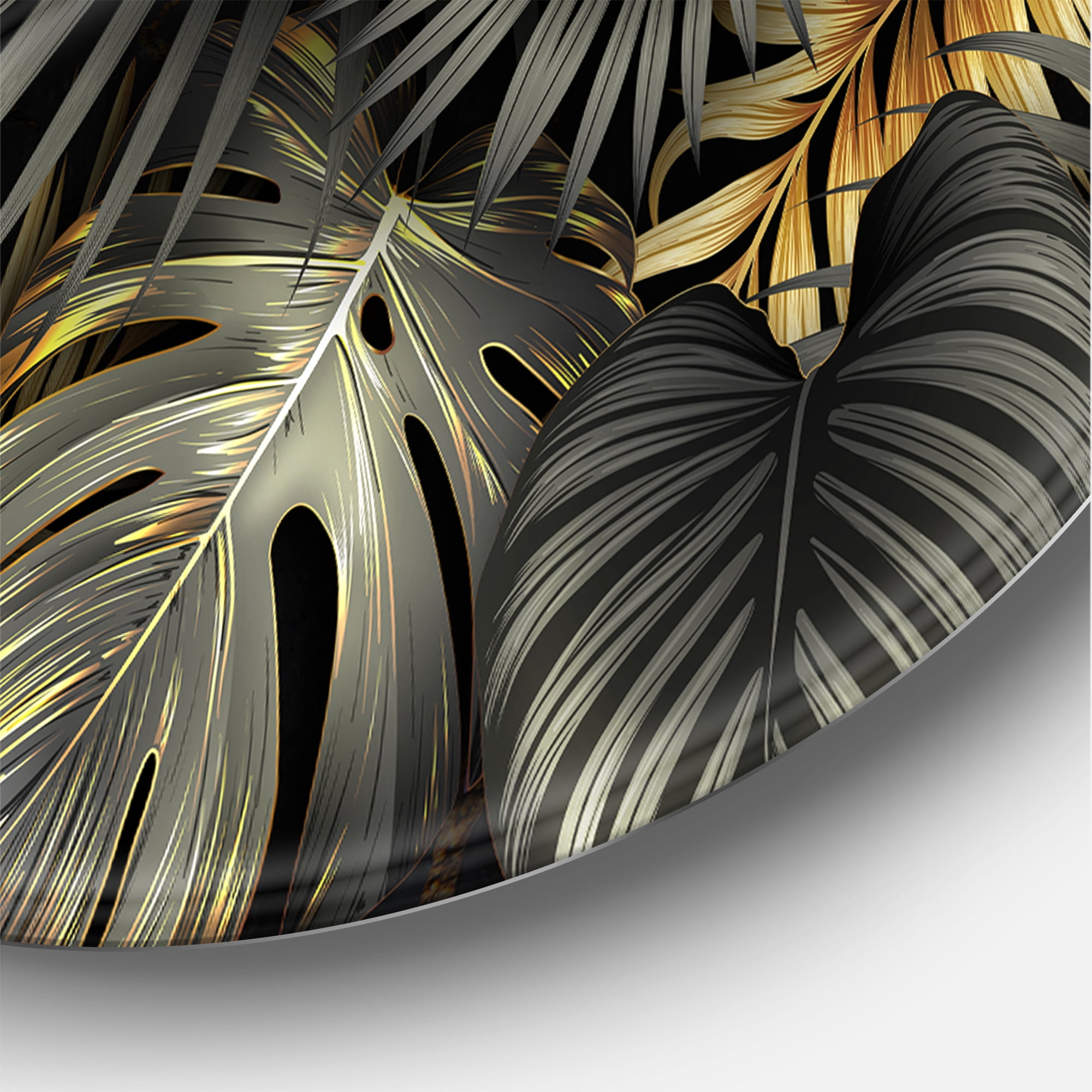 Designart 'Gold and Black Tropical Leaves II' Modern Circle Metal Wall Art 29x29 - Disc of 29