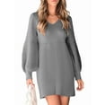 thumbnail image 3 of Women'S V-Neck Puff Sleeve Knitted Sweater Dress Autumn and Winter Casual Knitted Pullover Long Sleeve Dress Grey L, 3 of 9