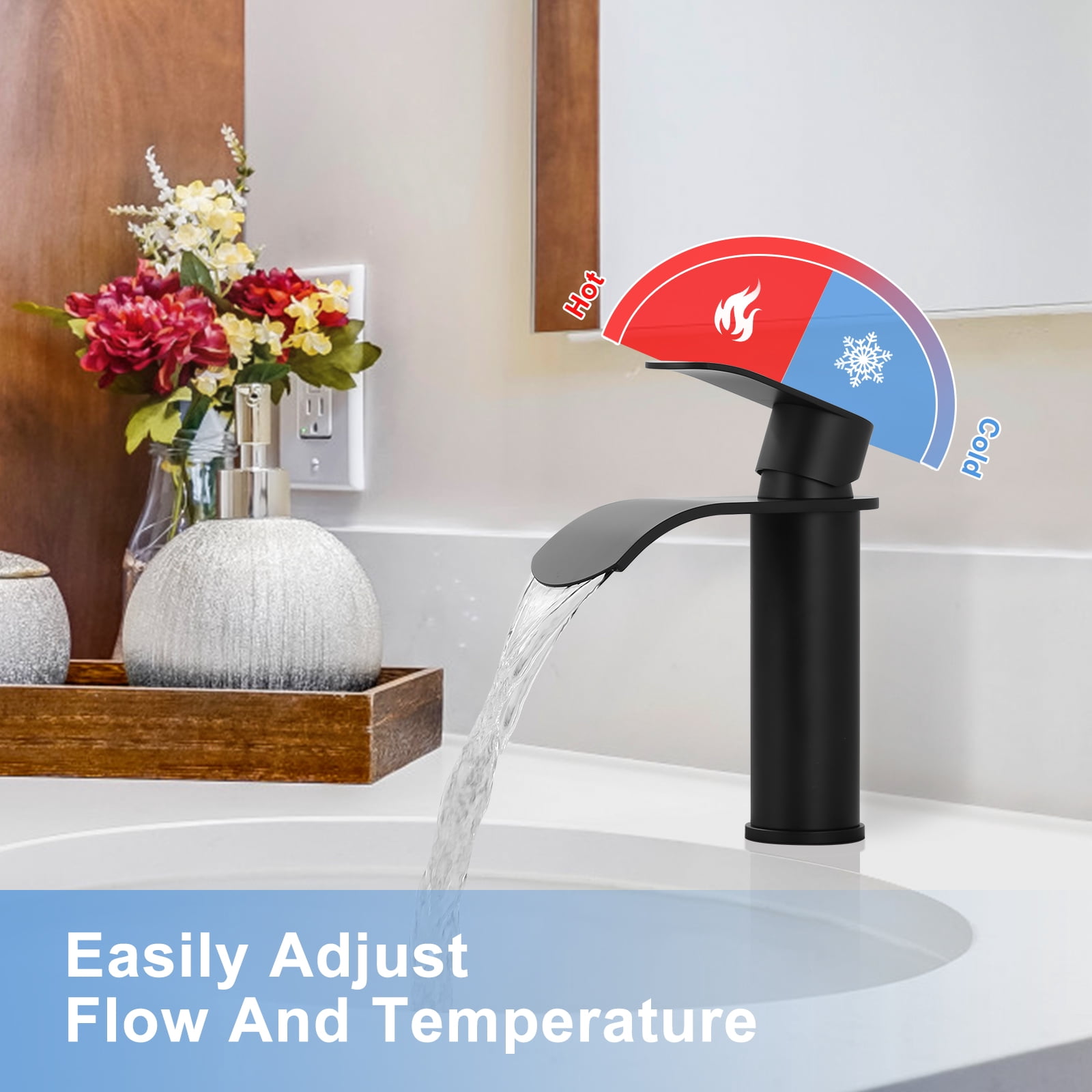 WOWOW Waterfall Bathroom Faucet Matte Black: Bathroom Sink Faucet for 1 Hole or 3 Holes, Single Handle Vanity Faucet with Metal Pop up Drain, Stainless Steel Basin Sink Faucet Tap for RV