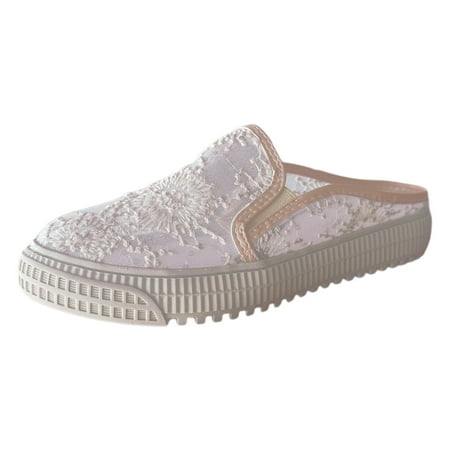 QYZEU Gym Sneakers for Women Comfort Dress Wedge Shoes for Women Ladies Hollow Breathable Fisherman Shoes Mesh Flowers Embroidered Flat Bottom Shoes Beige 38