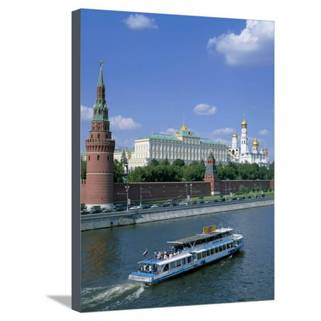 The Kremlin and Moskva River with Tourist Boat, Moscow, Russia Stretched Canvas Print Wall Art By Steve