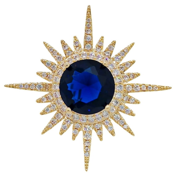 Shiny CZ Sunburst Brooch Pin, Deep Blue Center Stone, Gold Tone with Rhinestones