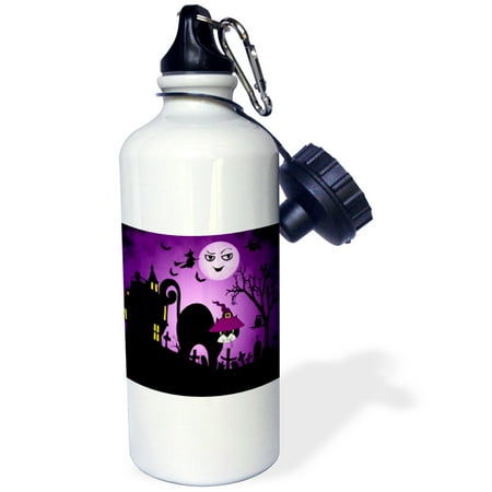 Moon Water Bottle 3dRose Black Cat in a Witches Hat a Laughing Moon Purple and Black Halloween, Sports Water Bottle, 21oz ()