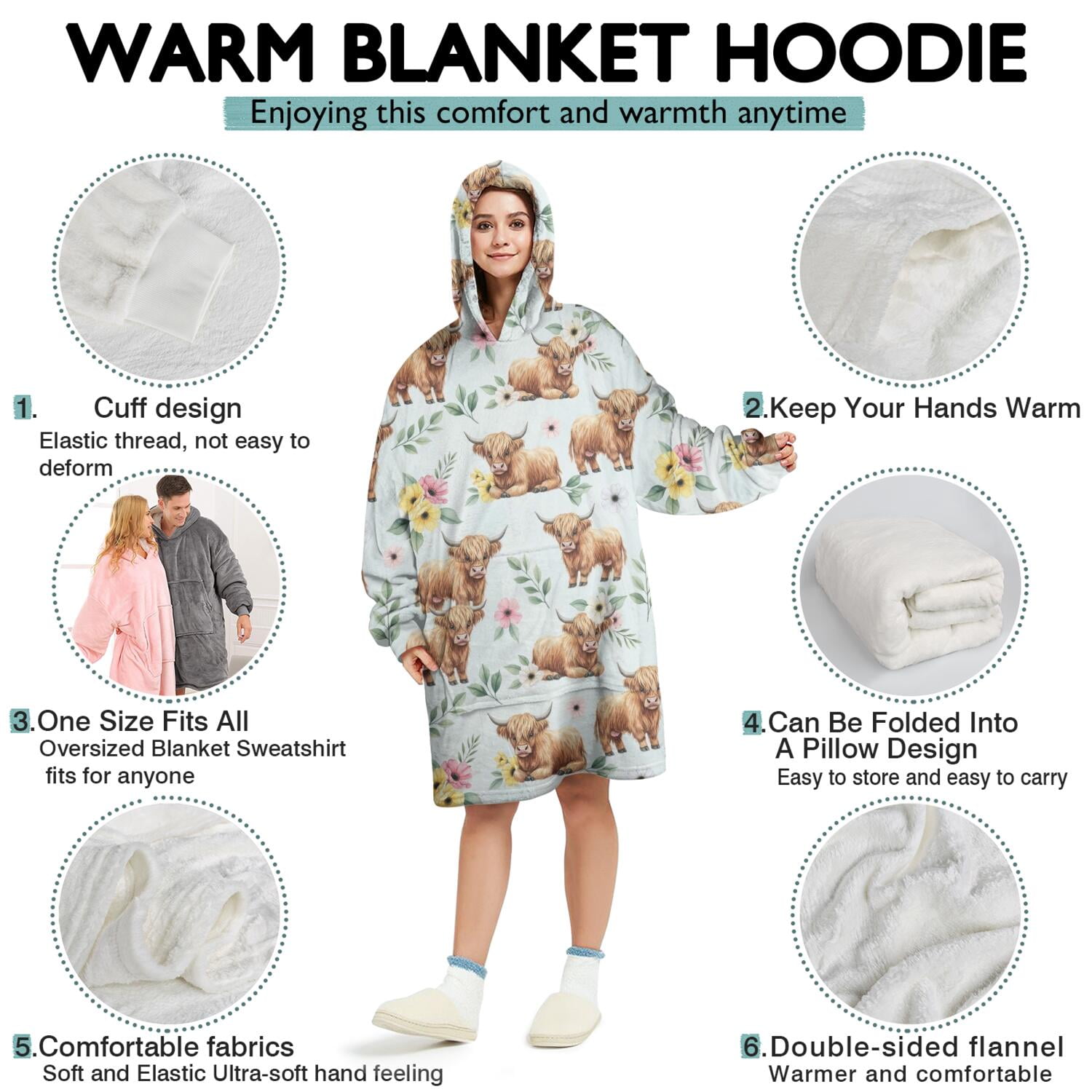 Blue Highland Cow Flower Leaf Pattern Wearable Oversized Blanket,Wearable Blanket Hoodie for Adults,Cozy Hooded Blankets with Super Pockets,Super Warm Fuzzy Pullover for Women & Men