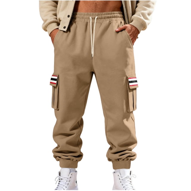 Lovzfmll Men's Retro Striped Fleece Joggers, Solid Color Base, Heavy Pile, Drawstring Waist, Pockets for Warmth Khaki, XL