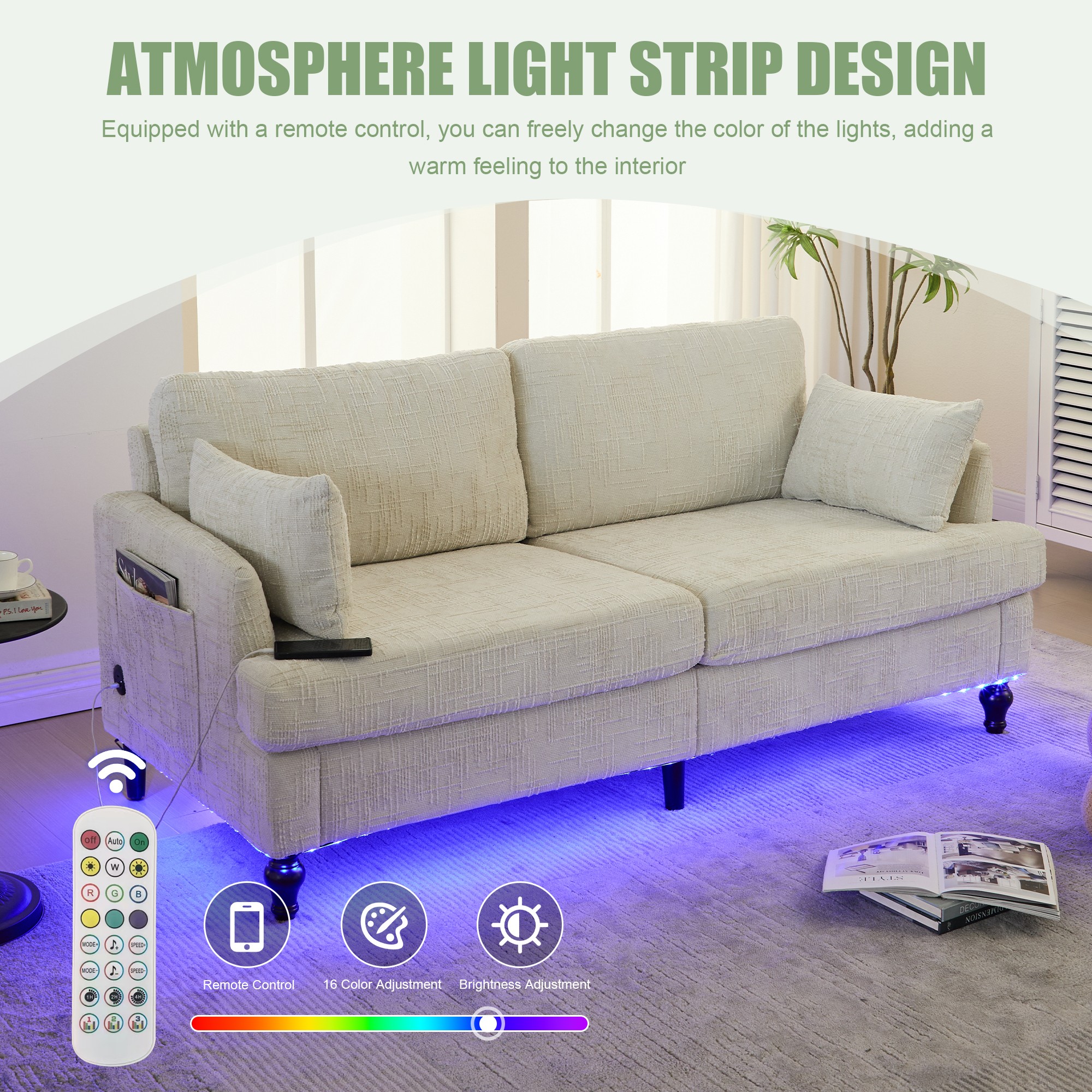 68.9" Sofa Couch,Modern 2 Seater Upholstered Loveseat Sofa Couch with LED light&USB for Living Room,Bedroom,Beige