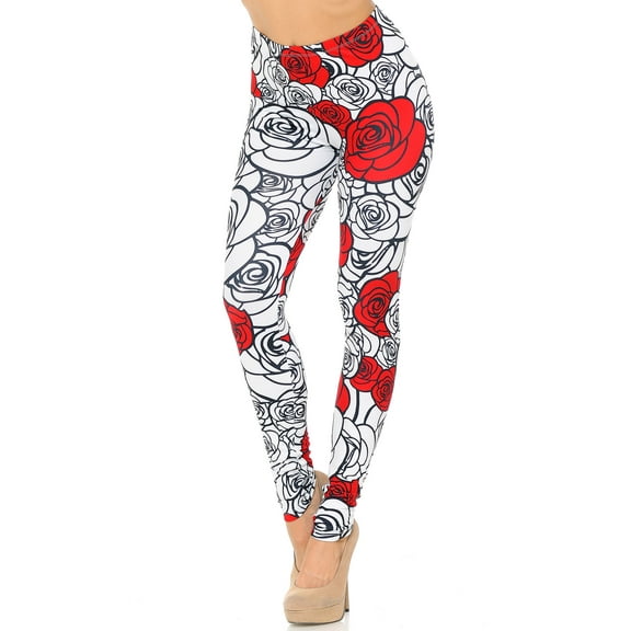 Creamy Soft Premium Women's Leggings Red Stencil Roses Regular Size, High Rise, Stretchy & Comfortable Fit - by USA Fashion