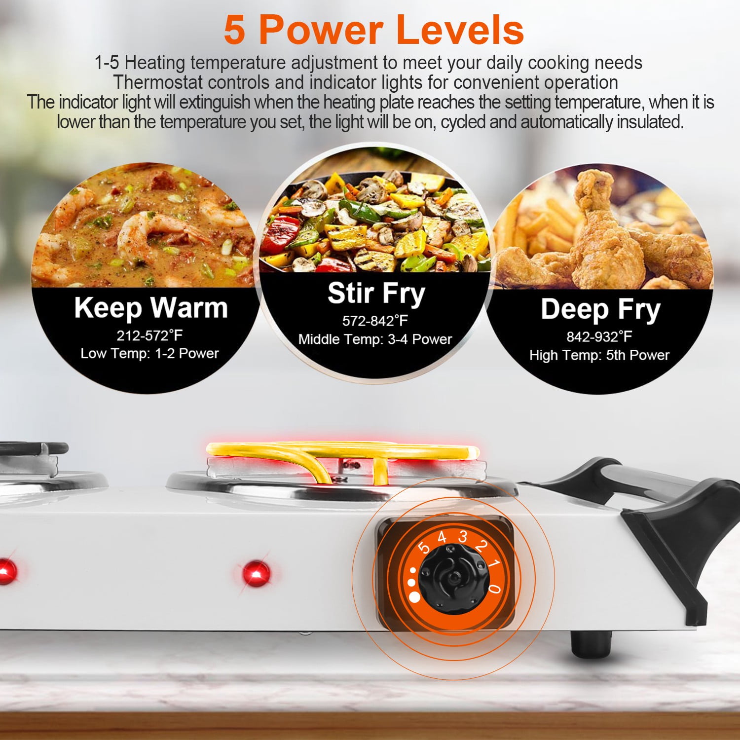 Portable Coil Hot Plate Heating Plate,  1000W Stove Countertop Heater with 5 Grear Fast Heating for Cooking