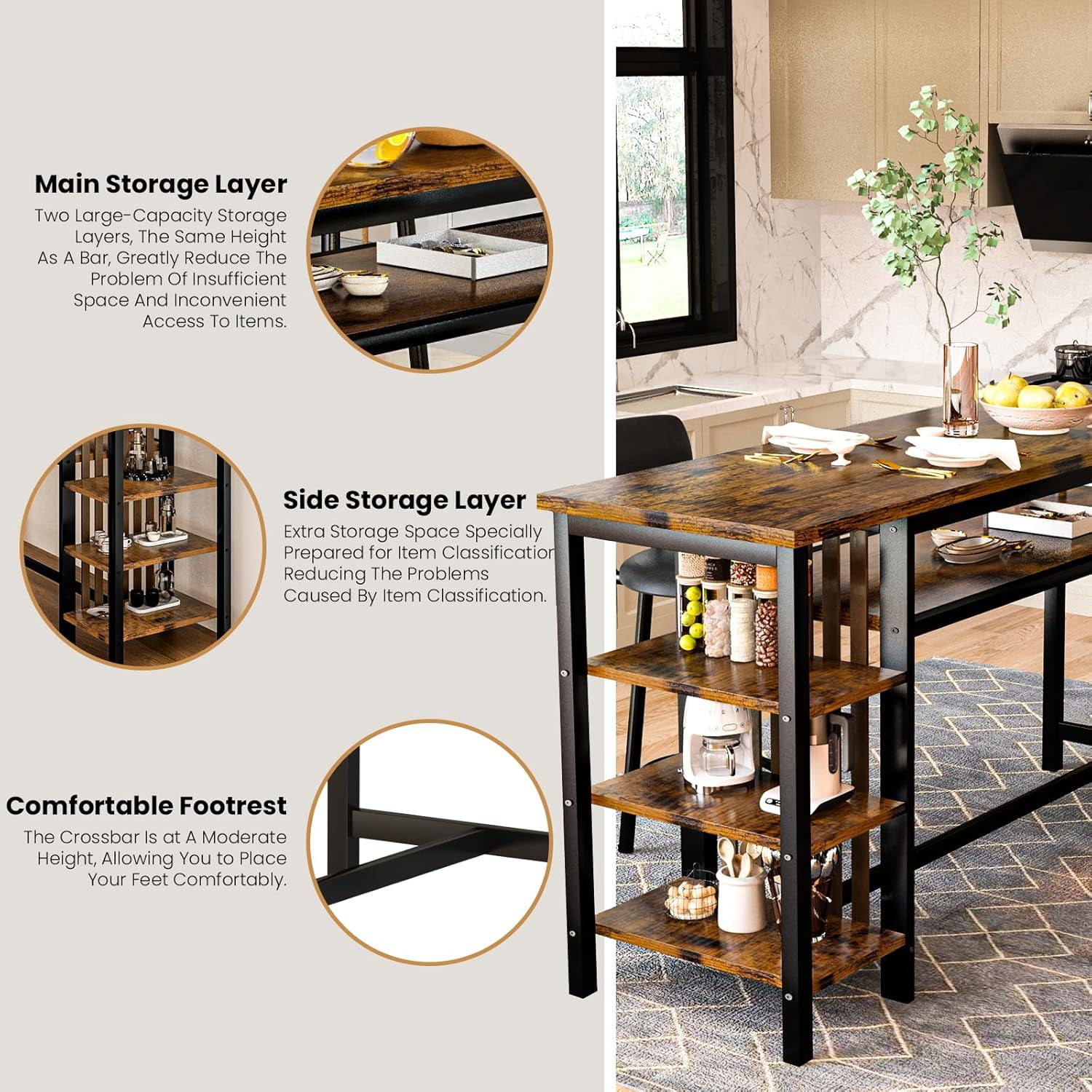 LinkRomat Bar Table and Chairs Set for 2, Marble Kitchen Island Table with 2 PU Bar Stools, Tall Kitchen Table and Chairs with Storage for Small Spaces, Home & Apartment, Brown