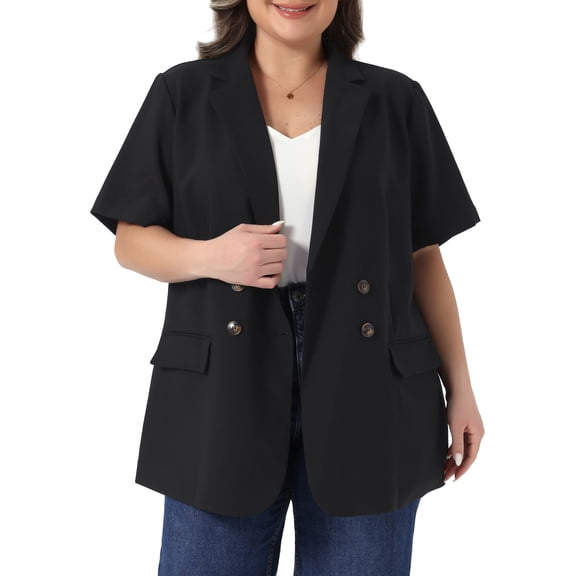 Agnes Orinda Women's Plus Size Blazers Short Sleeve Notched Lapel Double Breasted Business Casual Work Office Suit Jacket 1X Black