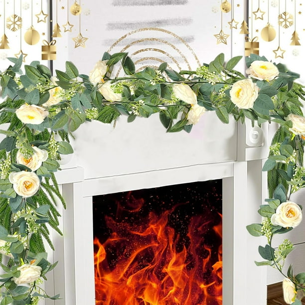 Guirnalda floral navideña de 2 m | Flores rojas y blancas con follaje verde | Decoración navideña artificial para repisas, puertas y escaleras | Decoración navideña para interiores y exteriores