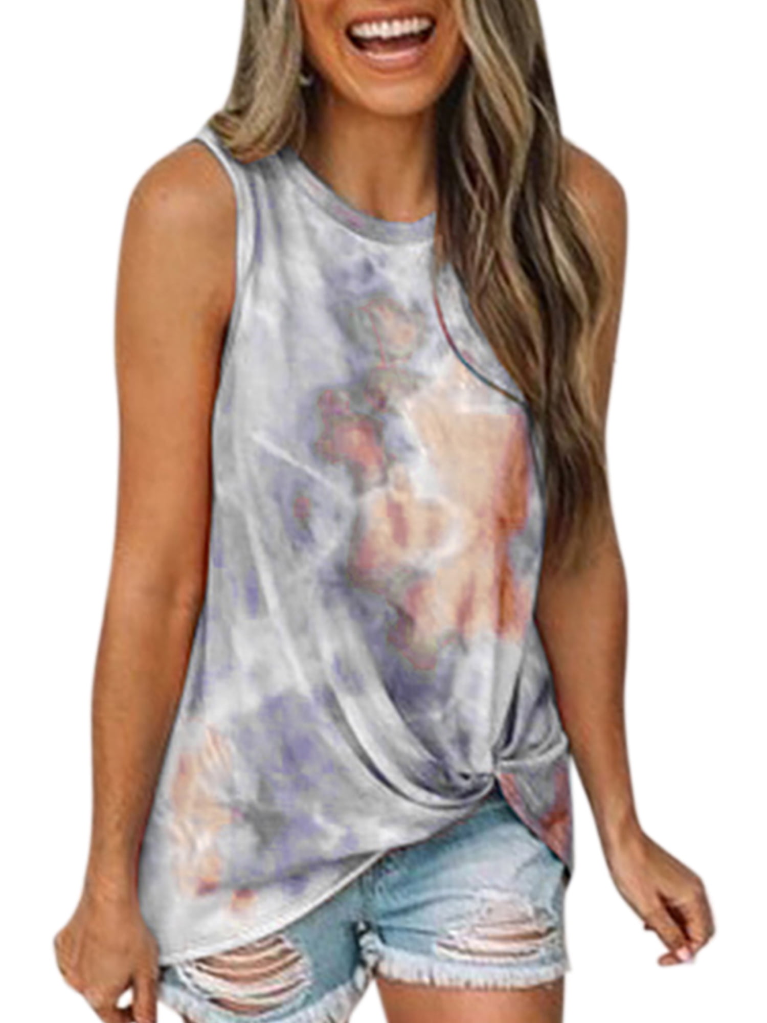 Eytino Women Tie Dye/Floral Printed Twisted Front Strappy Tank Tops Loose Casual Sleeveless Shirts Blouse S-XXL