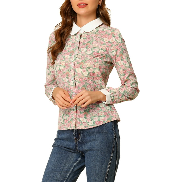 Allegra K Women's Contrast Collar Button Down Long Sleeve Floral Blouse  Shirt