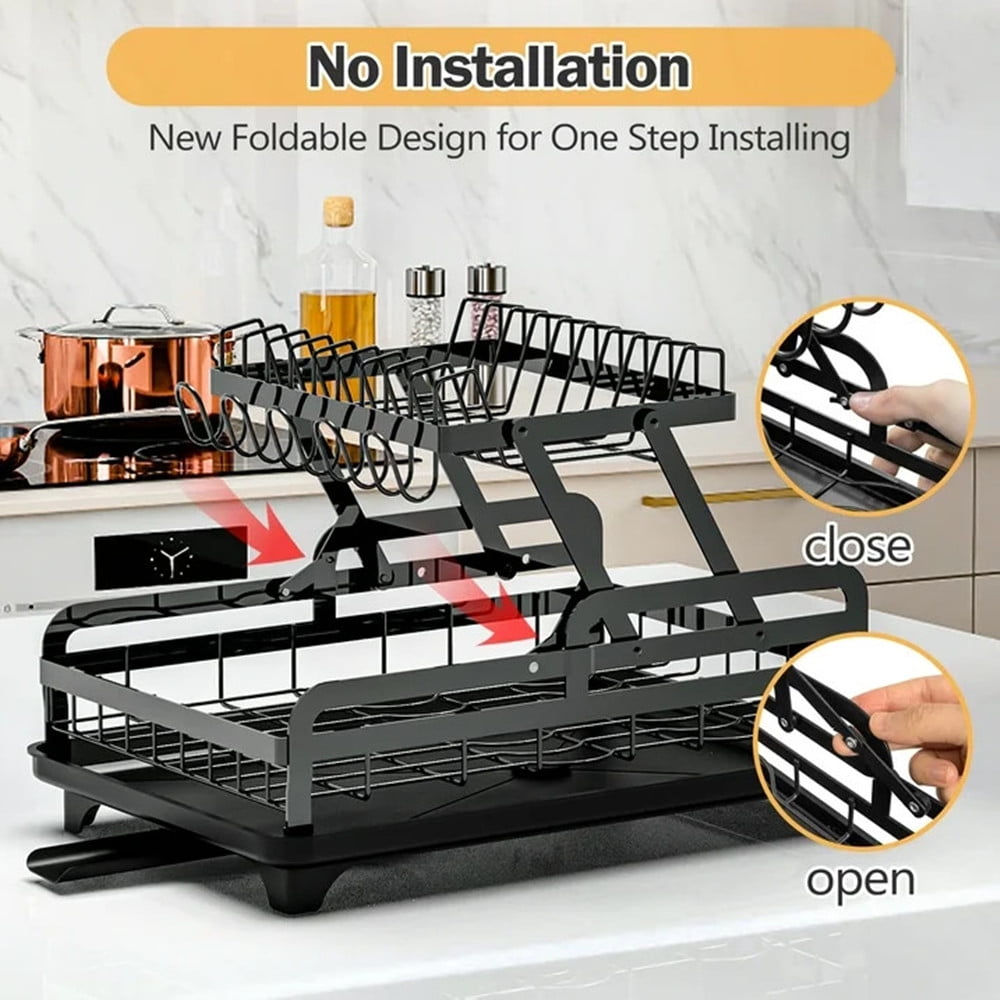 TEAFIRST 2 Tier Dish Drying Rack, Large Dish Rack and Drainboard for Kitchen Counter, 10.5'', Black
