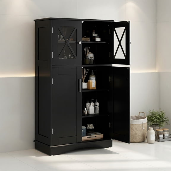 Resenkos 4 Doors Freeestanding Bathroom Floor Cabinet with Adjustable Shelves-Black, Bathroom Cabinets for Entryway Storage, Home Office Furniture