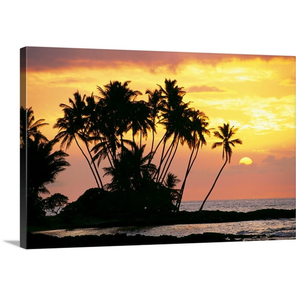 Great BIG Canvas | "Hawaii, Big Island, Wailua Bay, View Of Palm Trees At Sunset, Calm Ocean Waters" Canvas Wall Art - 36x24