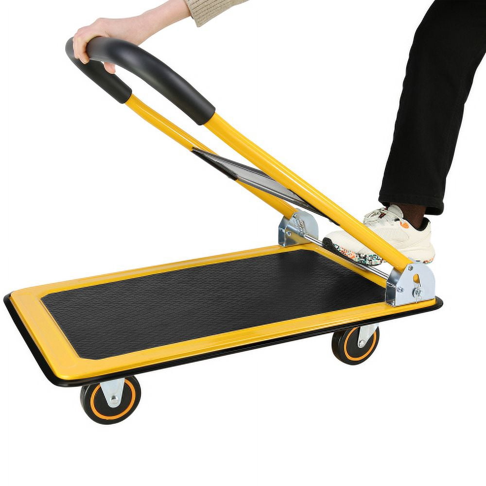 POWANLI Foldable Platform Truck, Push Dolly 330 LBS Weight Capacity, 360 Rolling, Folding Hand Truck for Luggage, Travel, Office, House (Yellow and Black) (28.7" x 19" x 32.5")