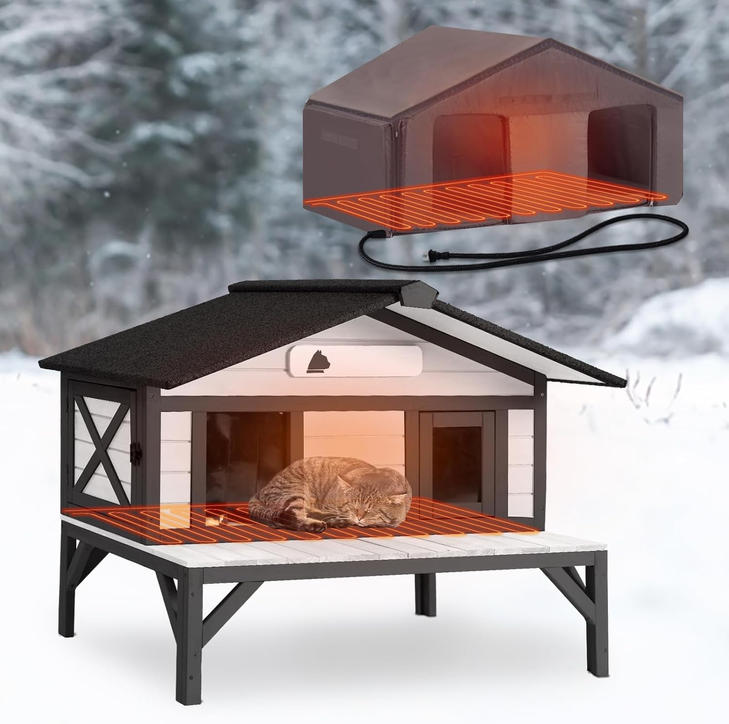 Aivituvin Heated Cat House for Outside Large Outdoor Cat House Insulated Weatherproof Feral Cat Shelter with Heating Pad, Insulated Thermal Liner, Chewproof Cable for 1-4 Cats, Winter-Ready (Black)