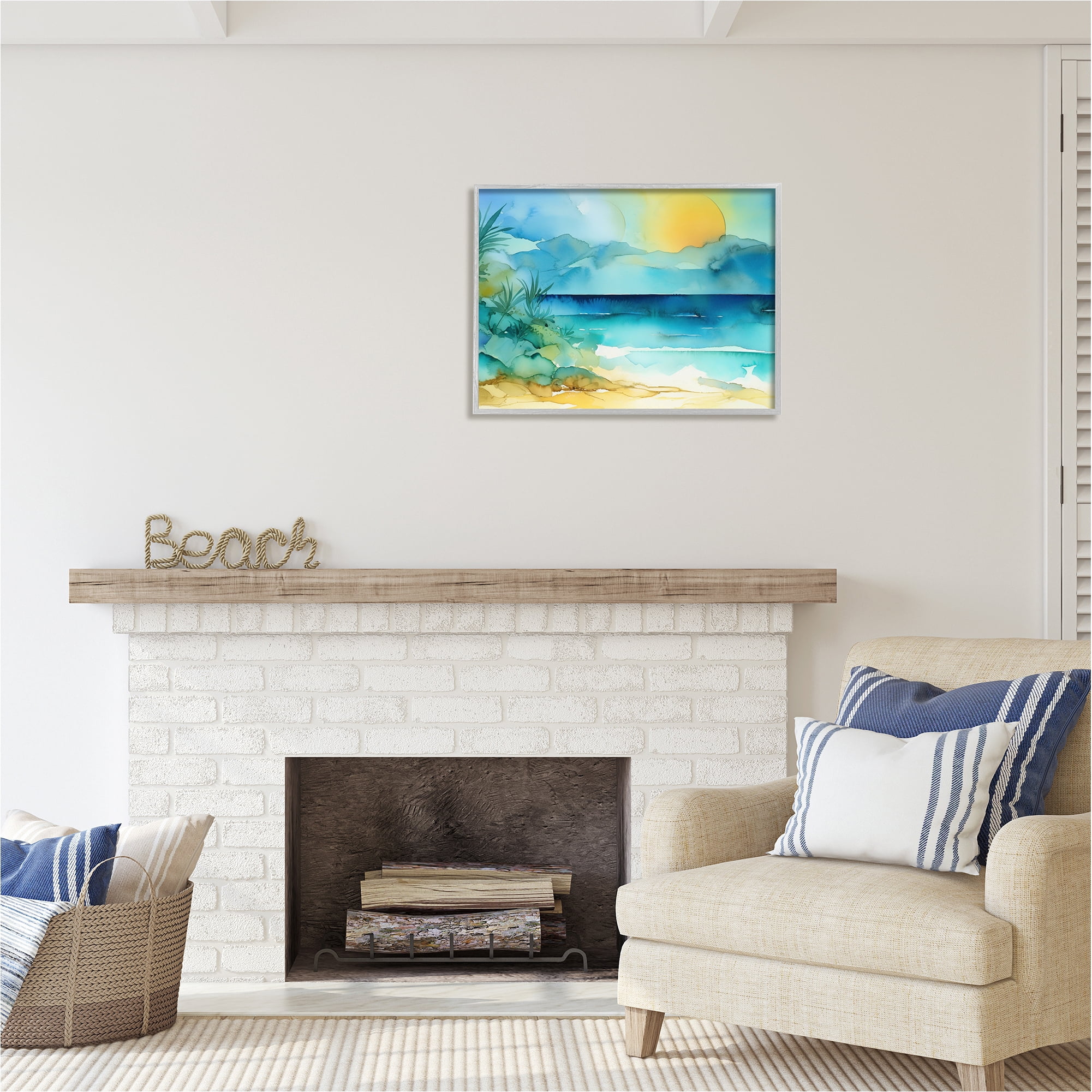 Stupell Industries Abstract Sun on Beach Landscape Painting Gray Framed Art Print Wall Art, 30 x 24