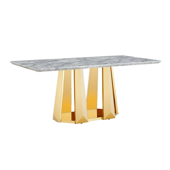Modern 70'' Rectangle Faux Marble Dining Table with Mirrored Finish Stainless Steel Base for 6-8 People, Durable Kitchen or Dining Room Table (Gold/Gray, Only Table)