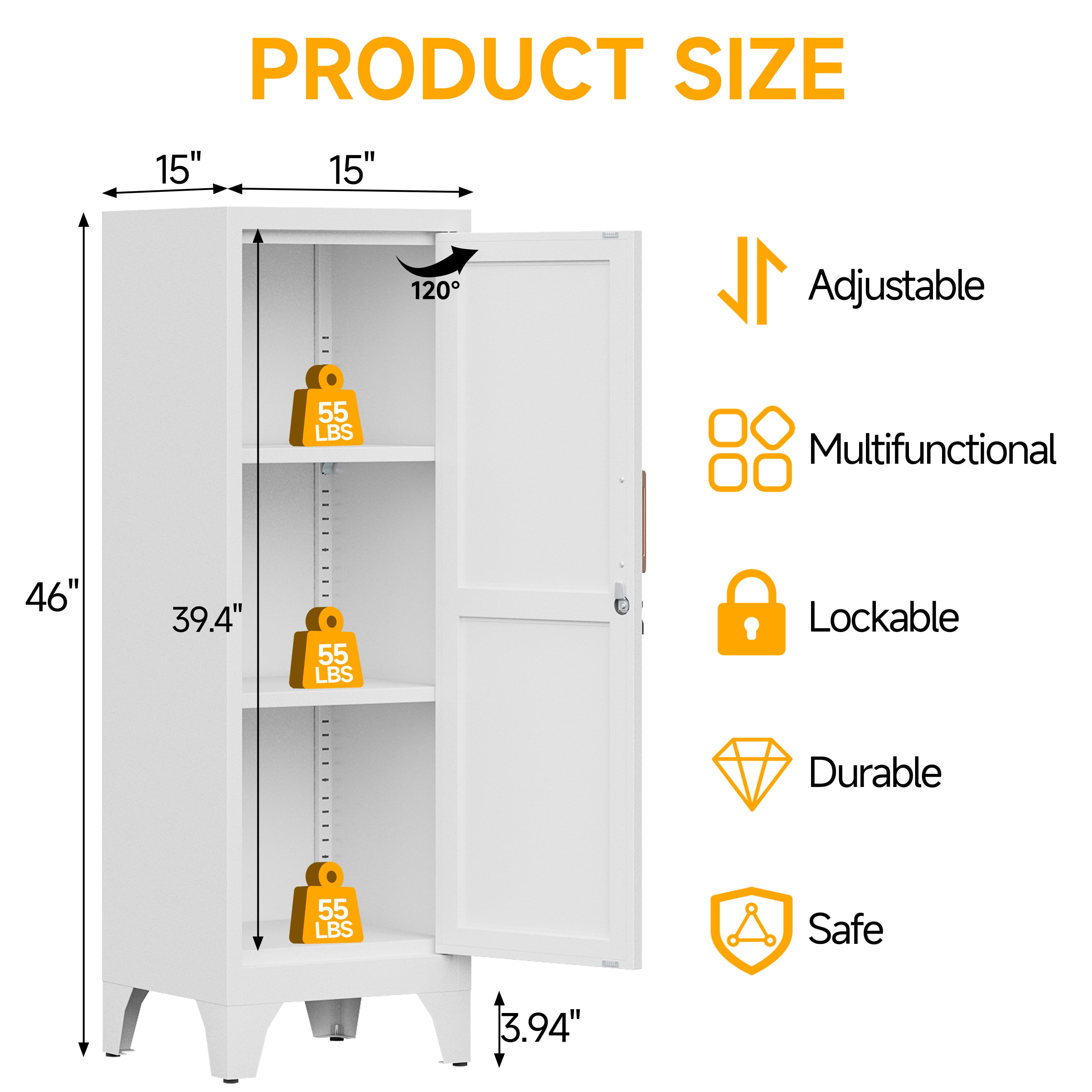 46"H White Metal Pantry Cabinet with 1 Lockable Door and 2 Adjustable Shelves, 3 Tier Small Storage Cabinet with Detachable Legs and Vintage Handle for Kitchen,Home Office,Gym,School,Easy Assembly