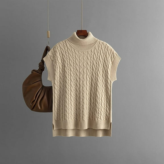 Amidoa Cable Knit Sweaters for Women Beige Turtleneck Short Sleeve Light Shirring Hem Sweater Vests Cardigans for Women