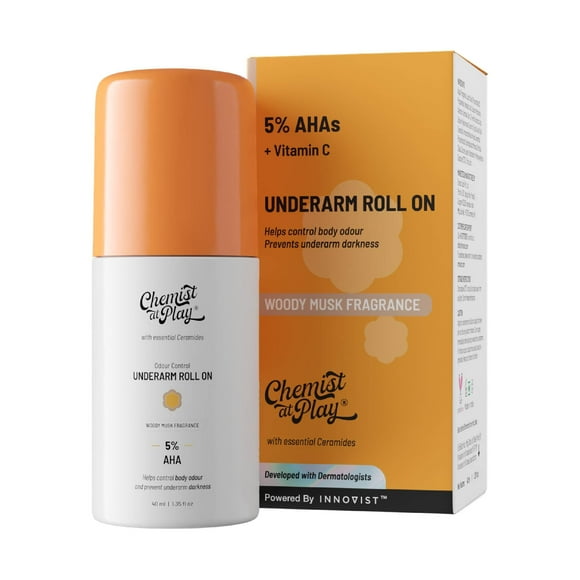 Chemist at Play UnderArm Roll-On with 5% AHA, Lactic Acid & Mandelic Acid | Prevents Odour, Brightens & Exfoliates | Sensitive Skin | Woody Musk Fragrance | 40ml