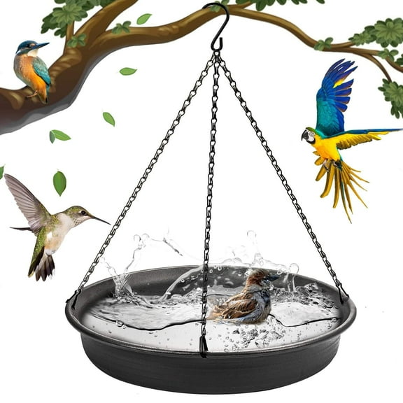 Garden Hanging Bird Bath and Feeder, Large Wildlife Water Tray for Multiple Birds, Sturdy Outdoor Decoration for Patio, Black