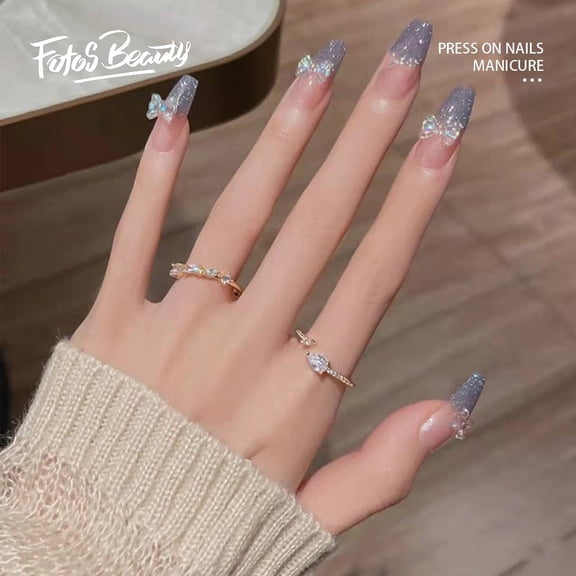 Fofosbeauty 24pcs Press on False Nails Tips,Coffin Fake Nails,Coffin Pink Silver Shimmering Butterfly