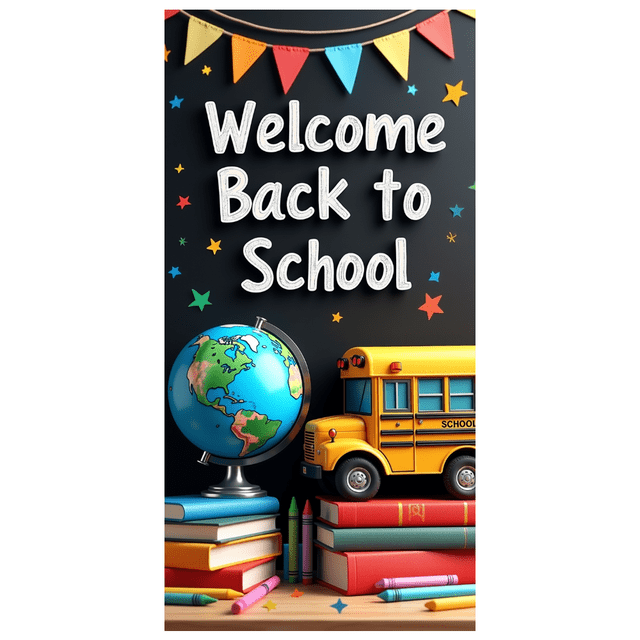 Welcome Back to School Banner Colorful Bus Crayons Globe Background Backdrop Classroom Supplies Decorations Party School Event Classroom Decor