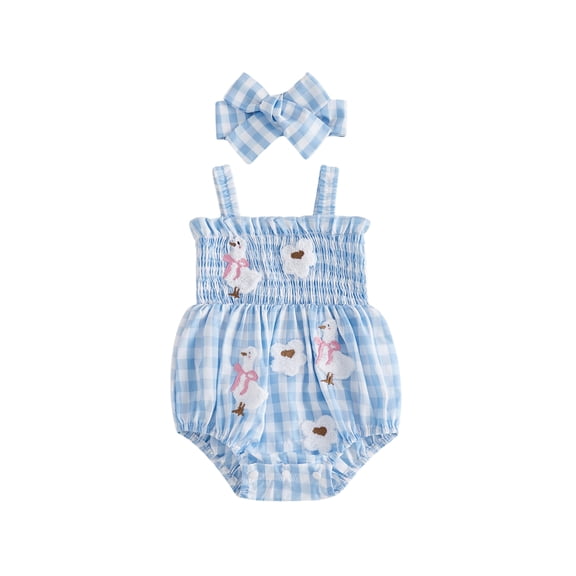 BemeyourBBs Newborn Baby Girl Summer Clothes Infant Baby Girl Goose Outfit Plaid Gingham Smocked Bubble Romper Embroidered Strap Sleeveless Bodysuit and Headband 2 Piece Set