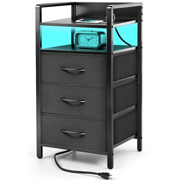 DQQKMM 3 Drawer Black Nightstand with Charging Station & LED Light Strip, Fabric Bedside Table with Open Shelf & USB Ports for Bedroom