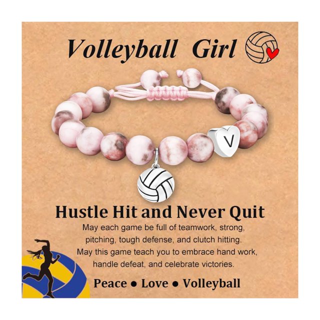 Pulsera de Vóleibol con Corazón e Iniciales, Regalos para Niñas y Mujeres, Accesorios Deportivos, Ideas de Joyería para Navidad y Cumpleaños (V)