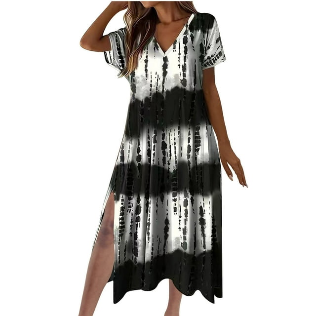 Robe d'Été pour Femmes Vêtements d'Été Mode Femmes Robe Décontractée Col en V Manches Courtes Robe Unie Robe Décontractée pour Femmes Robe d'Été Décontractée pour Femmes