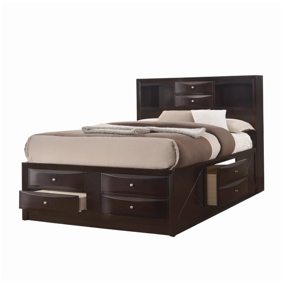 MANGIJOY Queen Size Storage Bed Frame with Bookcase Headboard, 6-Drawer Design in Warm Cherry Finish, Solid Wood Platform Bed