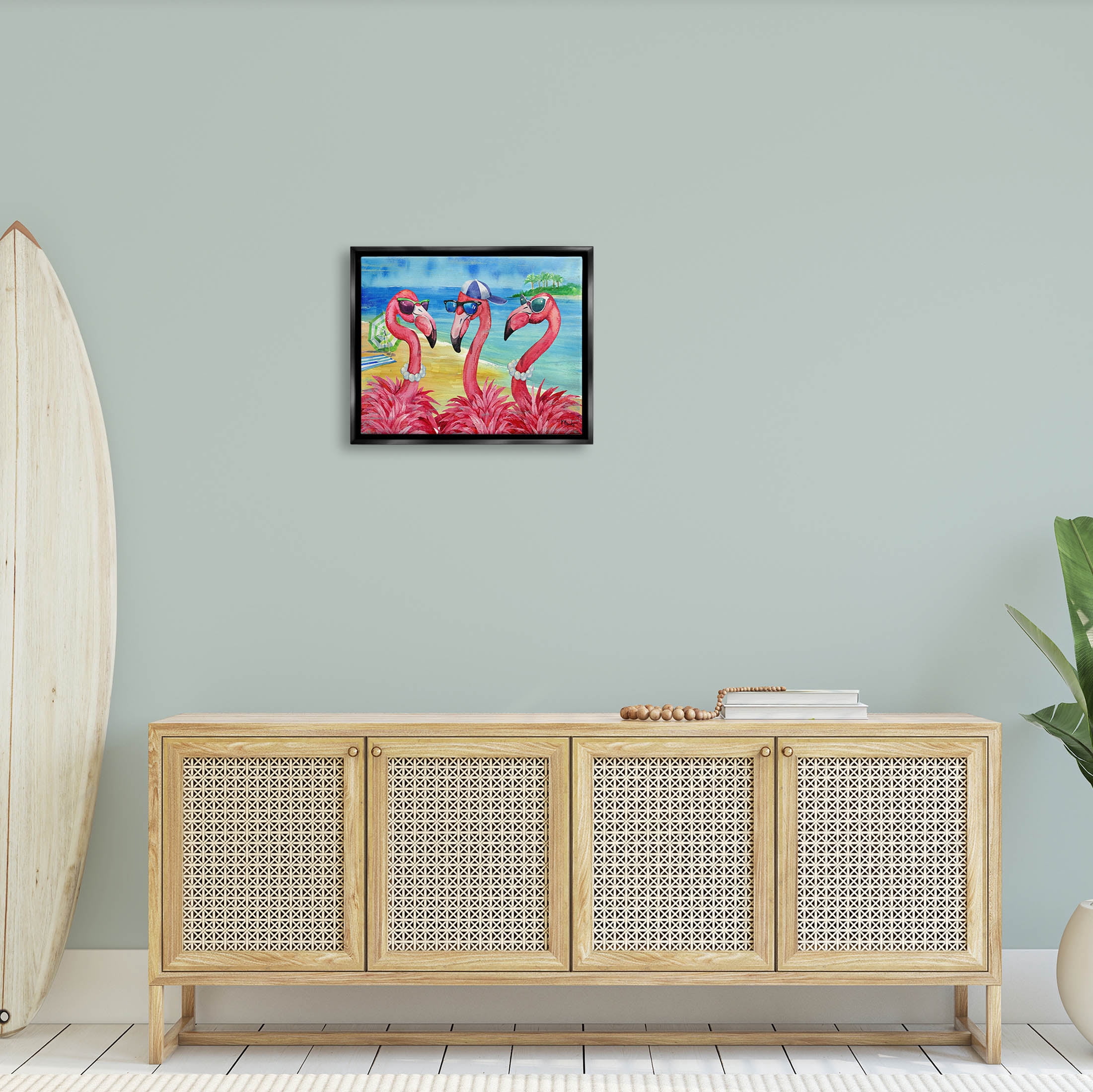 Stupell Industries Flamingo Friends Tropical Island Coast Graphic Art Jet Black Floating Framed Canvas Print Wall Art, Design by Paul Brent