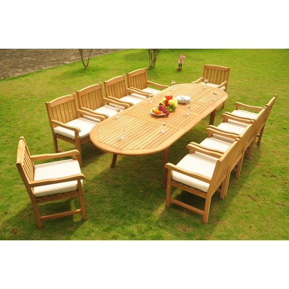 Teak Dining Set: 10 Seater 11 Pc: 117" Double Extensions Oval Dining Table & 10 Devon Arm/Captain Chairs Outdoor Patio Grade-A Teak Wood WholesaleTeak #WMDSDVy