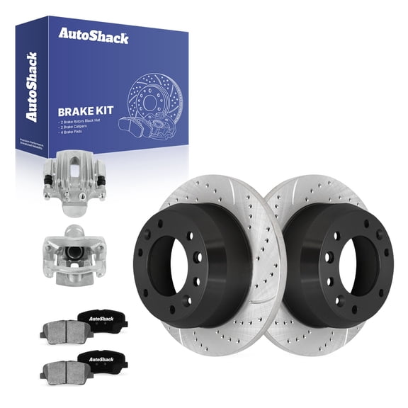 AutoShack Rear Solid Drilled & Slotted E-Coated Brake Rotors   Ceramic Pads   Calipers 8-PC Brake Kit Replacement for 2006 Kia Sedona ShadowGuard 11.89" (301.9 mm)