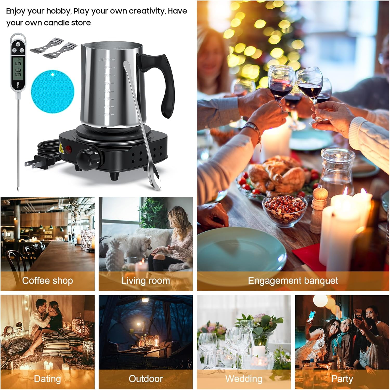 Candle Making Kit with Electronic Hot Plate, Candle Making Kit for Adults, DIY Starter Candle Making Supplies, with 900ml Candle Make Pouring Pot, Stirring Spoon, Wicks Holder, Thermometers