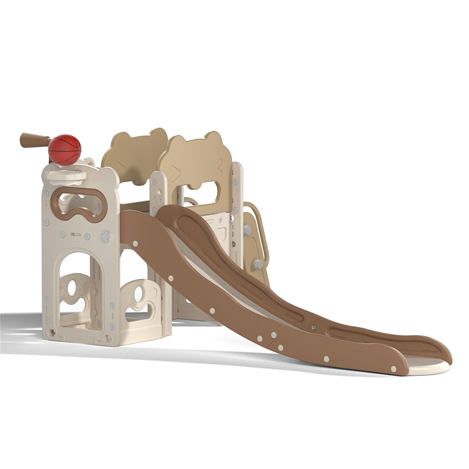 CIPACHO 68' Multi-Functional Kids Slide, Toddler Climber Playset with Storage, Basketball Hoop, Telescope and Ball, Beige