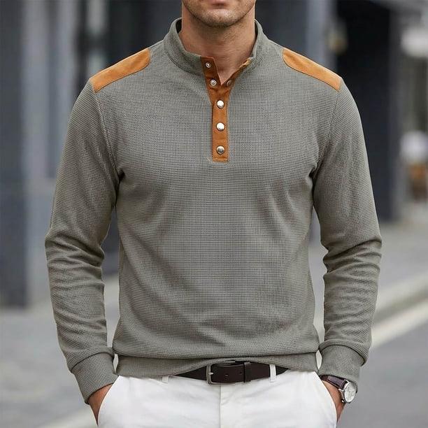 Ceisia Men's Loose Fit Long Sleeve Henley Shirts with Waffle Knit and Shoulder Color Block Patchwork, Stretch Blend Stand Collar Casual Tops Gifts