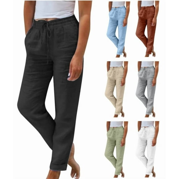 ATENAR Women's Pants,Straight Leg Pants Women,Loose Pants for Women,Elastic Waistband,Fitted,Solid,Cotton,Linen ,Black,S(US:4)