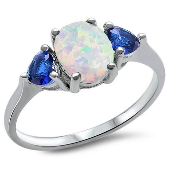 Sterling Silver White Synthetic Opal & Blue CZ Heart Ring Size 6