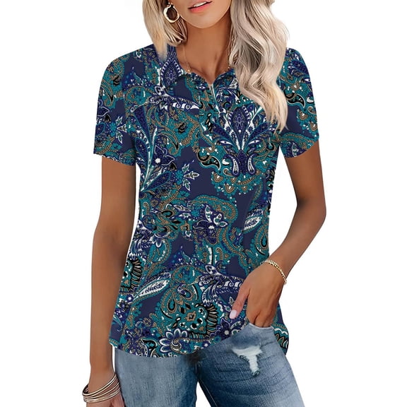 Trendfront Womens Golf Polo Shirts Short Sleeve Button Down Henley Vintage Paisley Floral Printed Top Bohemian Athletic Tee